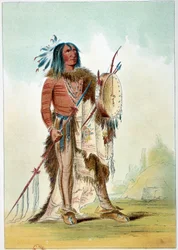 Índios da América: retrato de um chefe índio que se tornou médico e segura um tam-tam (tam-tam) no qual se encontram os remédios. Ilustração de George Catlin (1794-1872)