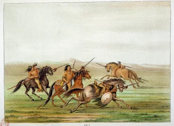 Índios da América: Comandantes guerreiros a treinar a cavalo. Ilustração de George Catlin (1794-1872)