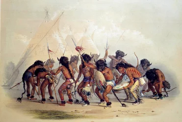 Índios da América fazendo a dança do búfalo. Litografia de George Catlin