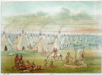 Índios da América: o comando da aldeia as tendas são feitas de peles de bisão. Ilustração de George Catlin (1794-1872)