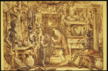A antiga loja de curiosidades Little Nells Home Interior da antiga curiosidade, 1840 (wc no papel)