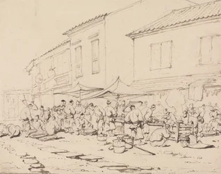 Uma praça de mercado e uma multidão