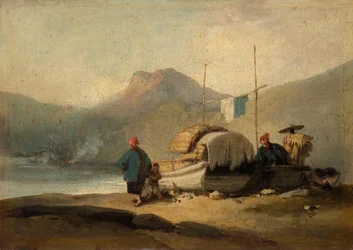 Cena chinesa, barcos junto ao lago