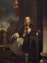 Como Qua, chefe dos comerciantes de Hong em Canton, c1830