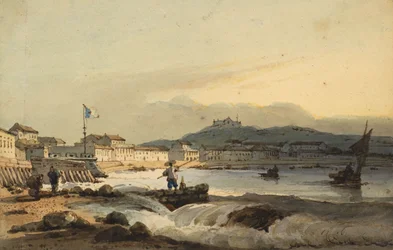 Praya Grande, Macau, do sul, com o Forte de São Pedro à esquerda, 1830-1845