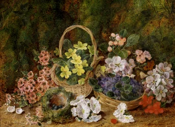 Flores da primavera e pássaros a nidificar num banco de musgo. Pintura de George Clare (1835-1899) Coleção particular.