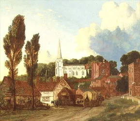 Uma vista do Harrow, com a Igreja de Santa Maria e o edifício e pátio das Escolas Antigas