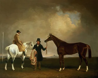 O "Decisivo" do Sr. Sadler, realizado pelo seu treinador com o jockey John Day Jnr., Stockbridge Racecourse