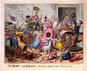 EM CASA no BERÇÁRIO, ou O MESTRE E PERDER dois sapatos Festa de Natal, 1835 (gravura colorida)