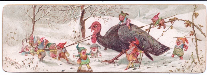 Um cartão de Natal vitoriano de um grupo de duendes mal-intencionados liderando um peru capturado, c.1895 (cor litho)