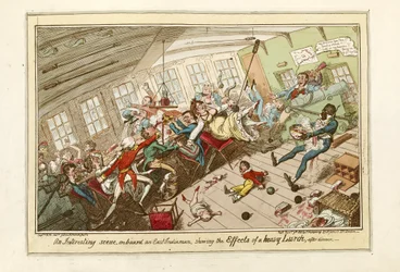 An Interesting Scene on board an East-Indiaman, showing the Effects of a Heavy Lurch, pub.1818 (gravura a cores)