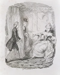 Situação embaraçosa de Lady Bellaston, de "Tom Jones, a história de um enjeitado", gravada pelo artista, ilustração de "The Works of Henry Fielding", pub. por Henry G. Bohn, 1853