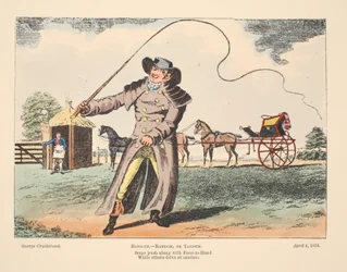 Bang-Up, Aleatório ou Tandem, alguns empurram junto com o Four In Hand enquanto outros dirigem aleatoriamente, 1810 (gravura colorida à mão)