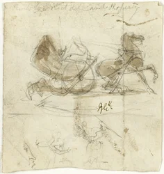 Caricatura de si próprio (anverso); Cabine atirada por um cavalo, com outros esboços (verso)