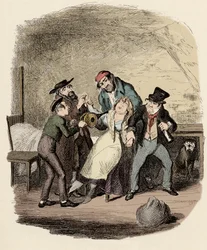 Fagin, Charley Bates, Kikes e Dawkins reanimant Nancy - Mr Fagin and his pupil reanimant Nancy - Ilustração para "Oliver Twist" (Oliver) (The Adventures of Oliver Twist) por Charles Dickens (1812-1870), por George Cruikshank (1792-1878) .