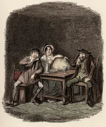 Fagin fazendo negócios com Morris Bolter, também conhecido como Noe Claypole, e Charlotte - O judeu e Morris Bolter começam a se entender - Ilustração para "Oliver Twist" (Olivier) (As Aventuras de Oliver Twist) por Charles Dickens (1812-1870), de George