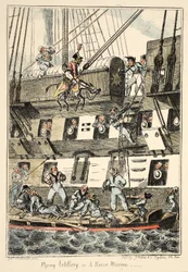 Artilharia Voadora ou Um Cavalo Marinho, do Hospital de Greenwich, uma série de esboços navais, descritiva de uma vida de um homem de guerras, pub. 1826 (gravura colorida à mão)