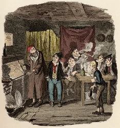 Em Londres, Jack Dawkins chamou a Raposa e apresenta Oliver a Fagin e à sua equipa de malfeitores - Oliver apresentou o respeitável cavalheiro - Ilustração para "Oliver Twist" (Olivier) (As Aventuras de Oliver Twist) por Charles Dickens (1812-1870), por Ge
