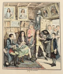 Jack Sheppard acusa Thames Darrell do Theft, ilustração de Jack Sheppard: Um Romance de William Harrison Ainsworth, publicado em 1839 (gravura colorida à mão)