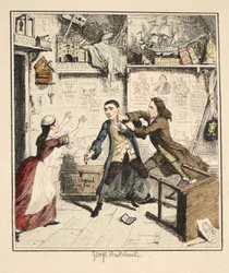 Jack Sheppard exibe um personagem vingativo, ilustração de Jack Sheppard: um romance de William Harrison Ainsworth, publicado em 1839 (gravura colorida à mão)