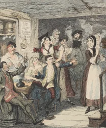 Jack Sheppard fica bêbado e manda sua mãe embora, ilustração de Jack Sheppard: Um Romance de William Harrison Ainsworth, publicado em 1839 (gravura colorida à mão)