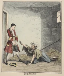 Jack Sheppard visita sua mãe em Bedlam, ilustração de Jack Sheppard: um romance de William Harrison Ainsworth, publicado em 1839 (gravura colorida à mão)