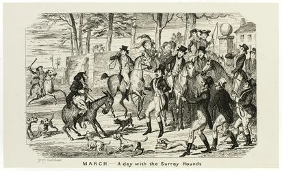 março - Um dia com os cães de caça de Surrey das gravuras em aço de George Cruikshank para o The Comic Almanacks: 1835-1853