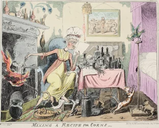 Misturando uma receita para Corns, pub. 1835 (gravura colorida à mão)