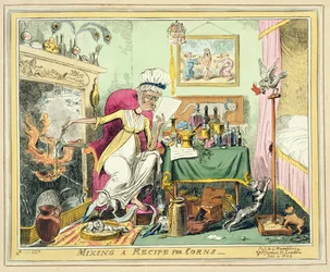 Mixing a Recipe for Corns, publicado por G. Humphrey, Londres, 4 de dezembro de 1822 (gravura colorida)