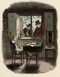 Monges e Fagin observando Oliver dormindo na Biblioteca Maylie - Monges e o Judeu - Ilustração para "Oliver Twist" (Oliver) (As Aventuras de Oliver Twist) por Charles Dickens (1812-1870), por George Cruikshank (1792-1878) .