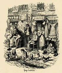 Monmouth Street, Soho, uma ilustração de G. Cruikshank para Dickens Sketches de Boz. , 1938
