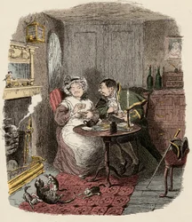 Monsieur Bumble e Madame Corney tomando o - Sr. Bumble e Sra. Corney tomando chá - Ilustração para "Oliver Twist" (Olivier) (As Aventuras de Oliver Twist) por Charles Dickens (1812-1870), por George Cruikshank (1792-1878) .
