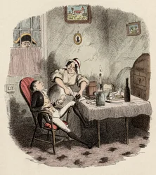 Monsieur Bumble observa Noe Claypole e Charlotte - Mr Claypole como ele apareceu quando seu mestre estava fora - Ilustração para "Oliver Twist" (Olivier) (As Aventuras de Oliver Twist) por Charles Dickens (1812-1870), por George Cruikshank (1792-1878) .