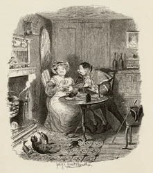 O Sr. Bumble e a Sra. Corney tomando chá, de &39;As Aventuras de Oliver Twist&39; de Charles Dickens (1812-1870) 1838, publicado por Chapman und Hall, 1901