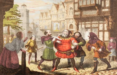 A Sra. Quickly tem Sir John Falstaff preso em Henry IV, Parte 2, de &39;The Illustrated Library Shakespeare&39;, publicado em Londres, 1890