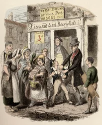 Nancy e Sikes raptam Oliver nas ruas - Oliver reclamado pelos seus amigos afectuosos - Ilustração para "Oliver Twist" (Olivier) (As Aventuras de Oliver Twist) por Charles Dickens (1812-1870), por George Cruikshank (1792-1878) .