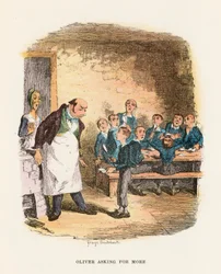 Oliver pedindo por mais, ilustração para &39;Oliver Twist&39; por Charles Dickens