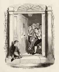 Oliver Twist na porta da Sra. Maylie, de "As Aventuras de Oliver Twist", de Charles Dickens (1812-1870), 1838, publicado por Chapman und Hall, 1901