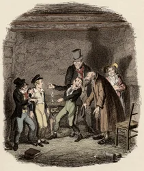 Oliver Twist recebido pelo velho Fagin e sua equipa - Recepção de Oliver por Fagin e os rapazes - Ilustração para "Oliver Twist" (Olivier) (As Aventuras de Oliver Twist) por Charles Dickens (1812-1870), por George Cruikshank (1792-1878) .