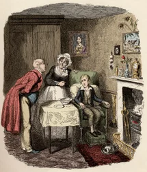 Oliver é acolhido e tratado pelo Sr. Brownlow e pela sua governanta, a Sra. Bedwin - Oliver recupera da febre - Ilustração para «Oliver Twist» (Oliver) (As Aventuras de Oliver Twist) de Charles Dickens (1812-1870), por George Cruikshank (1792-1878)