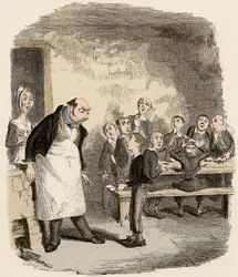 Oliver foi concebido para pedir comida extra ao supervisor do Hospital Infantil - Oliver pede mais - Ilustração para "Oliver Twist" (Olivier) (As Aventuras de Oliver Twist) por Charles Dickens (1812-1870), por George Cruikshank (1792