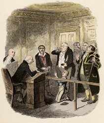 Oliver implorou ao juiz infantil que não o deixasse aprender em Gamfield, a chaminé - Oliver escapa de ser aprendiz de varredor - Ilustração para Charles Dickens "Oliver Twist" (Oliver) (The Adventures of Oliver Twist) (1812-1870), por