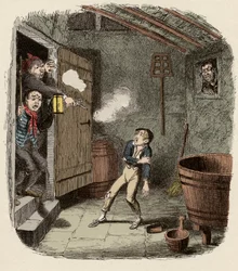 Oliver surpreendido e ferido durante a tentativa de roubo - O Roubo - Ilustração para "Oliver Twist" (Olivier) (As Aventuras de Oliver Twist) por Charles Dickens (1812-1870), por George Cruikshank (1792-1878) .