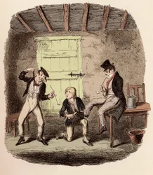 Oliver encera os sapatos da Raposa enquanto Charley Bates explica os perigos da forca - Mestre Bates explica um tecnicismo profissional - Ilustração para "Oliver Twist" (Olivier) (As Aventuras de Oliver Twist) por Charles Dickens (1812-1870), de George Cru