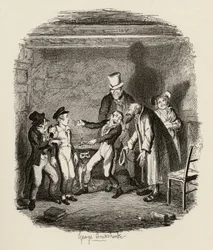 A recepção de Oliver por Fagin e os meninos, de "As Aventuras de Oliver Twist", de Charles Dickens (1812-1870), 1838, publicado por Chapman und Hall, 1901