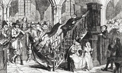 Reverendo Holdenough durante um serviço, ilustração de &39;Woodstock&39; por Sir Walter Scott (1771-1832) publicado em 1845