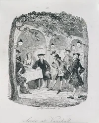 Cena em Vauxhall, de "Amelia", gravada pelo artista, ilustração de "The Works of Henry Fielding", pub. por Henry G. Bohn, 1853