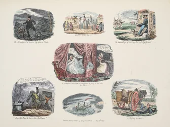 Série de ilustrações sobre as vantagens e desvantagens de possuir uma perna de pau, pub. 1828 (gravura colorida à mão)