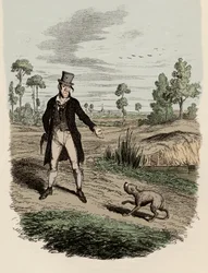 Sikes tentando abandonar seu cão - Ilustração para "As Aventuras de Oliver Twist" de Charles Dickens (1812-1870), de George Cruikshank (1792-1878) .