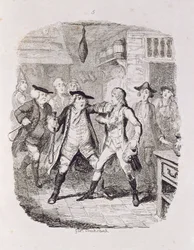 Squire Western apreendendo Jones em Upton, de "Tom Jones, a história de um Foundling", gravado pelo artista, ilustração de "The Works of Henry Fielding", pub. por Henry G. Bohn, 1853